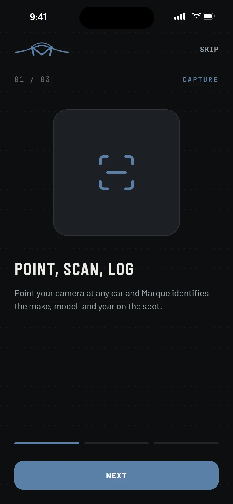 Marque's first onboarding screen on an iPhone: a scan icon above the heading Point, scan, log, and a line saying the camera identifies a car's make, model and year.